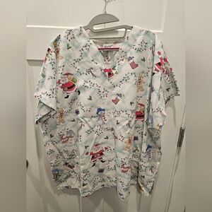 Scrub Basics Christmas Holiday Scrub Top Snowman Santa Lights Print Size XL